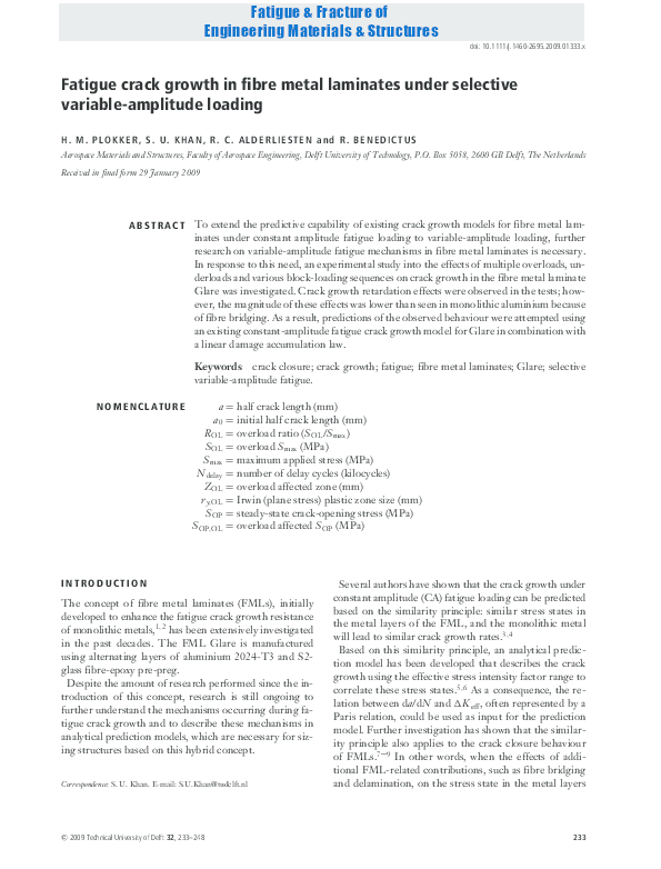 (PDF) Fatigue crack growth in fibre metal laminates under selective ...