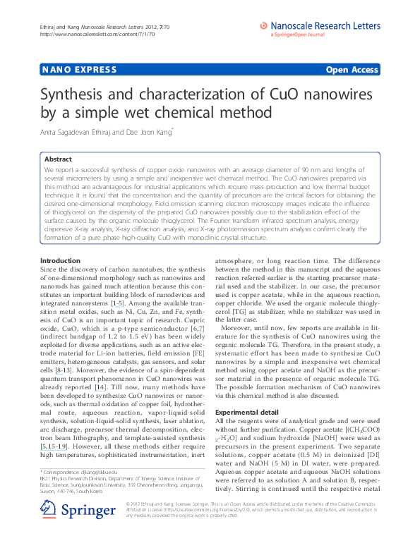 (PDF) Synthesis and Characterization of CuO Nanowires