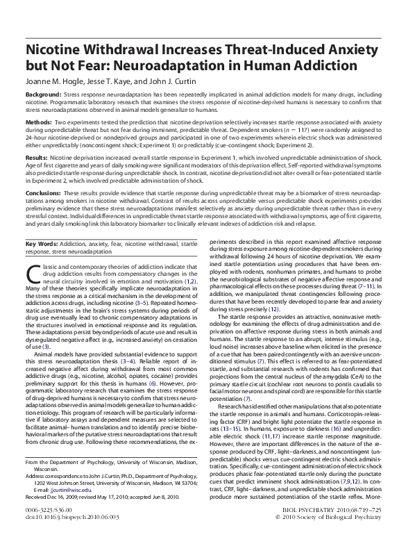 PDF Nicotine Withdrawal Increases Threat Induced Anxiety But Not Fear 
