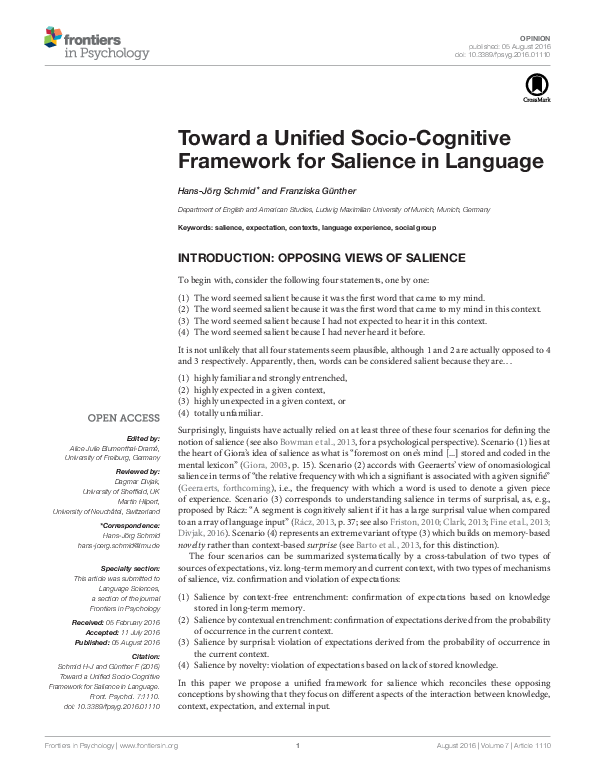 (PDF) Toward a Unified Socio-Cognitive Framework for Salience in Language