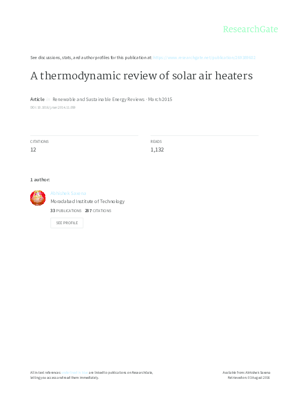 (PDF) A thermodynamic review of solar air heaters Article in Renewable ...