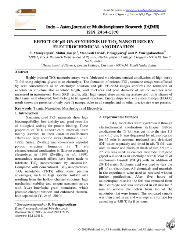 (PDF) EFFECT OF pH ON SYNTHESIS OF TiO 2 NANOTUBES BY ELECTROCHEMICAL ...