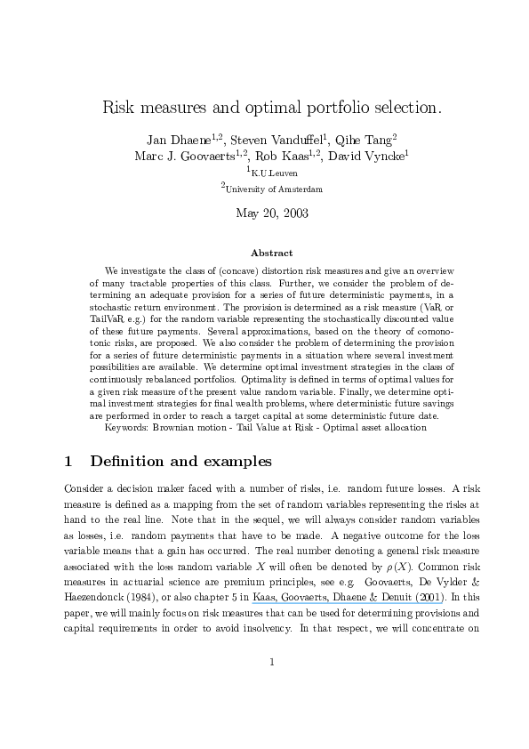 Pdf Risk Measures And Optimal Portfolio Selection