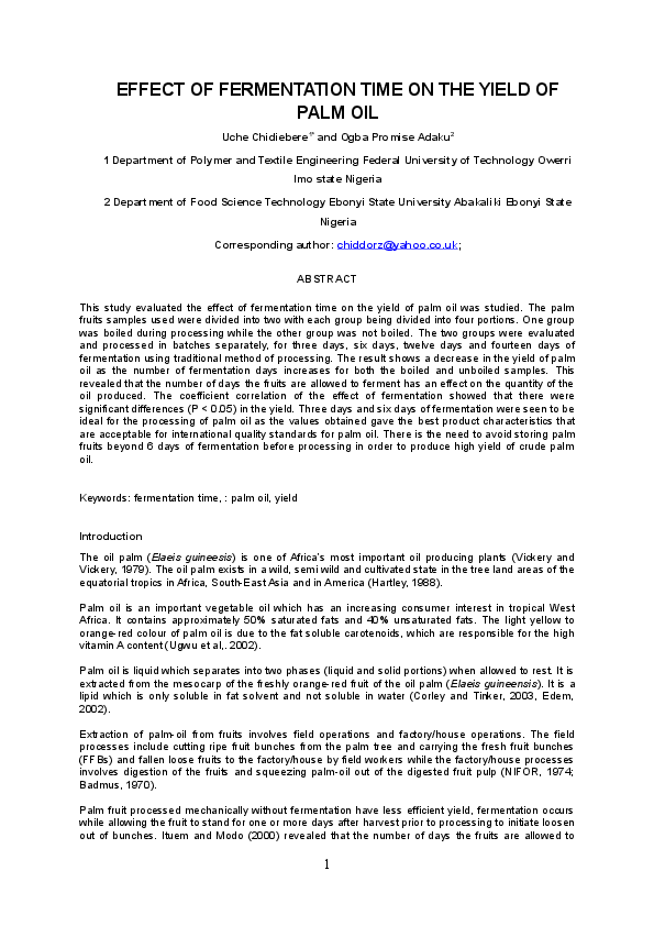 (DOC) EFFECT OF FERMENTATION TIME ON THE YIELD OF PALM OIL