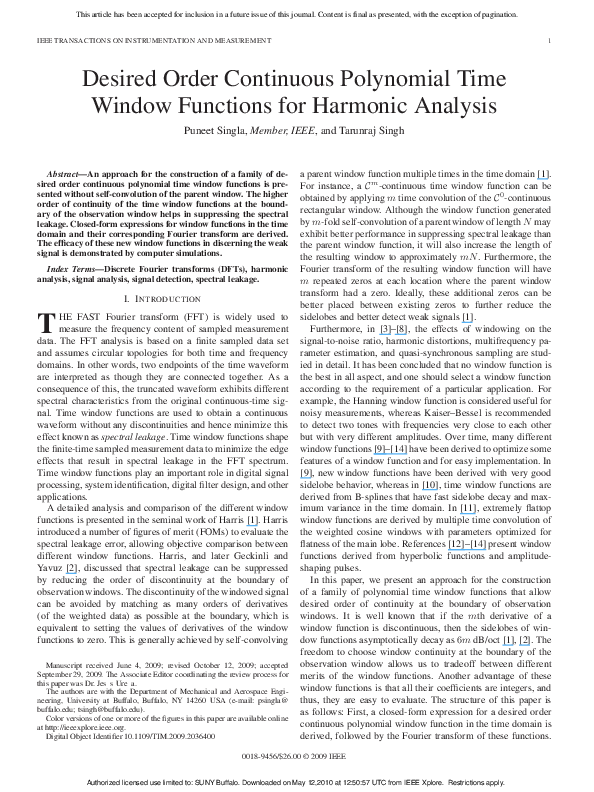 (PDF) Desired Order Continuous Polynomial Time Window Functions for ...