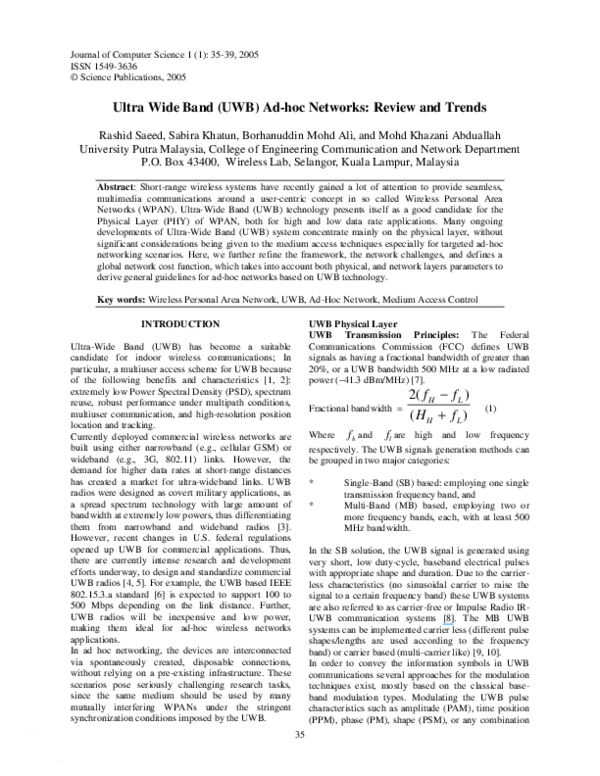 (PDF) Ultra Wide Band (UWB) Ad-hoc Networks: Review and Trends
