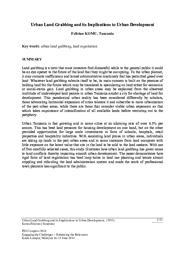(PDF) Urban Land Grabbing and its Implications to Urban Development