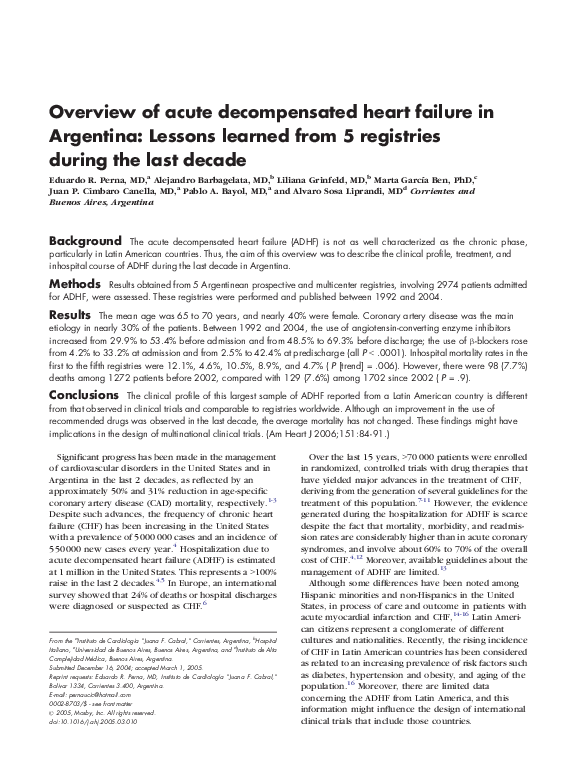 (PDF) Overview of acute decompensated heart failure in Argentina ...