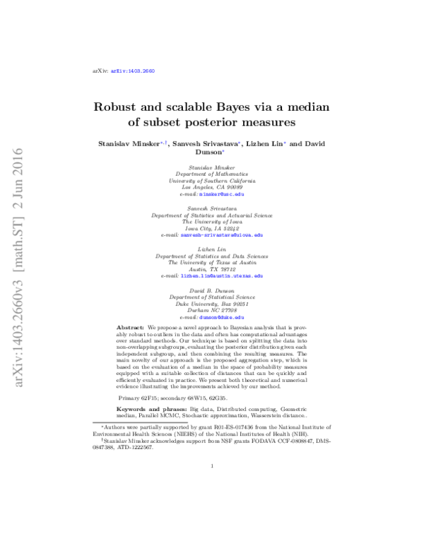 (PDF) Robust and scalable Bayes via a median of subset posterior measures