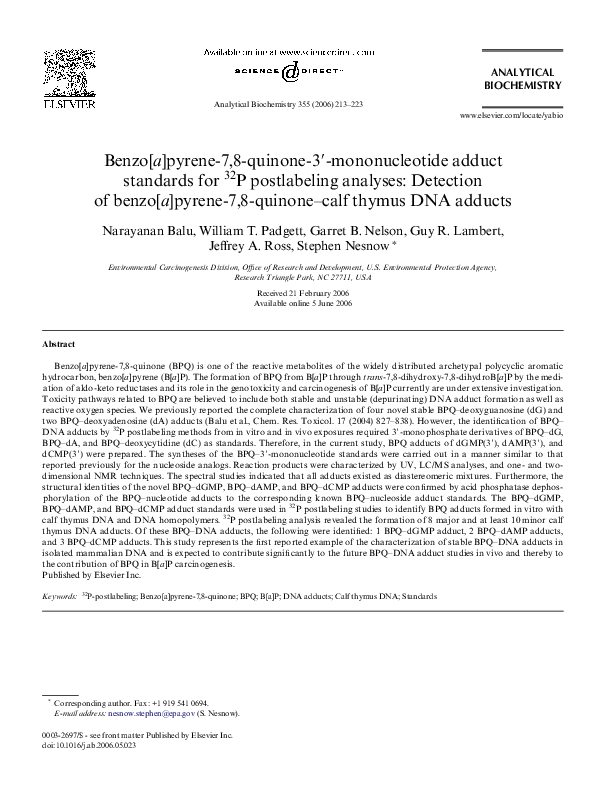 (PDF) Benzo[ a]pyrene7,8quinone3′mononucleotide adduct standards