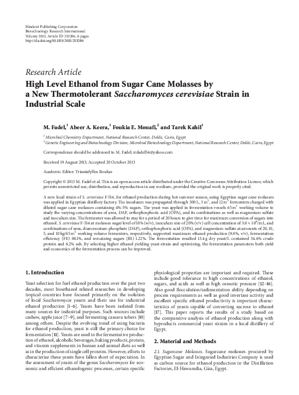(PDF) High Level Ethanol from Sugar Cane Molasses by a New Thermotolerant Saccharomyces