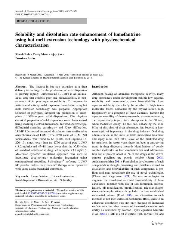 (PDF) Solubility and dissolution rate enhancement of lumefantrine using ...