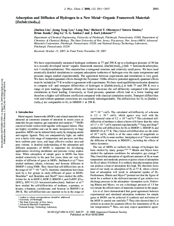 (PDF) Adsorption and Diffusion of Hydrogen in a New Metal-Organic ...