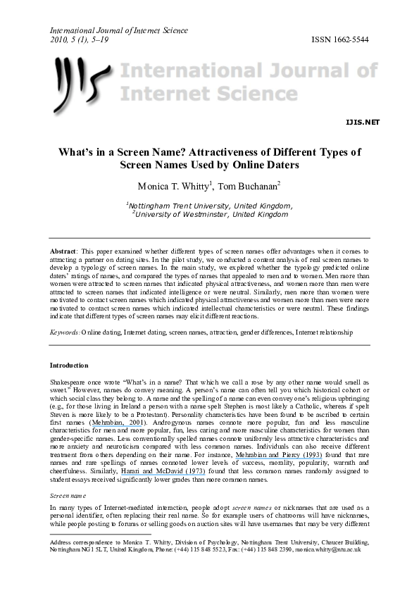(PDF) What's in a 'screen name'? Attractiveness of different types of