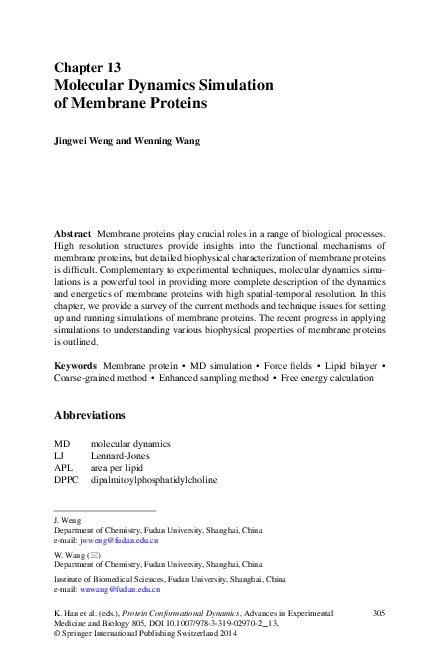 (PDF) Molecular dynamics simulation of membrane proteins