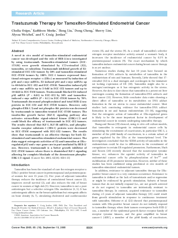 (PDF) Trastuzumab Therapy for Tamoxifen-Stimulated Endometrial Cancer
