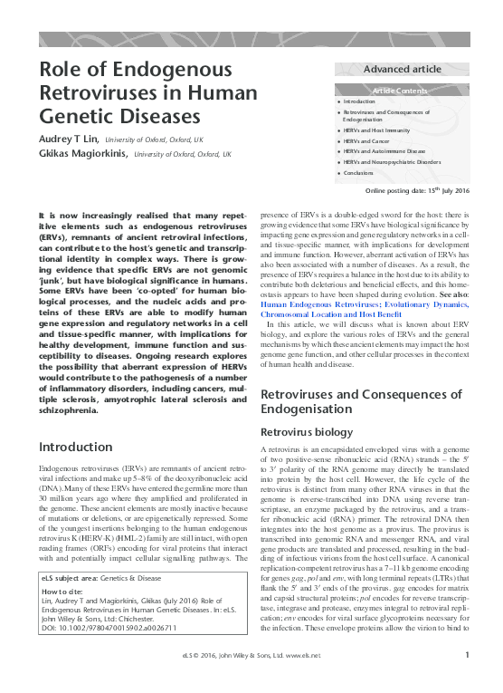 (PDF) Role of Endogenous Retroviruses in Human Genetic Diseases