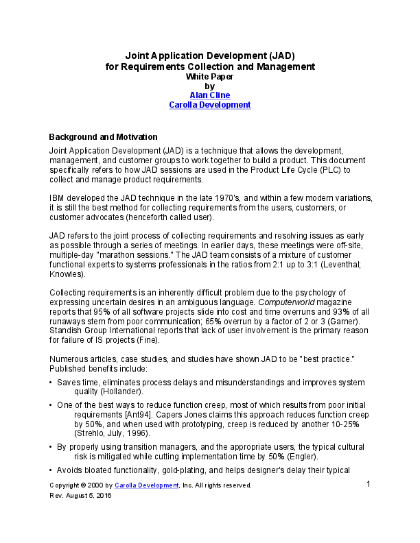 joint application development jad for requirements collection and jad sessions