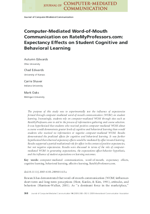 (PDF) ComputerMediated WordofMouth Communication on RateMyProfessors
