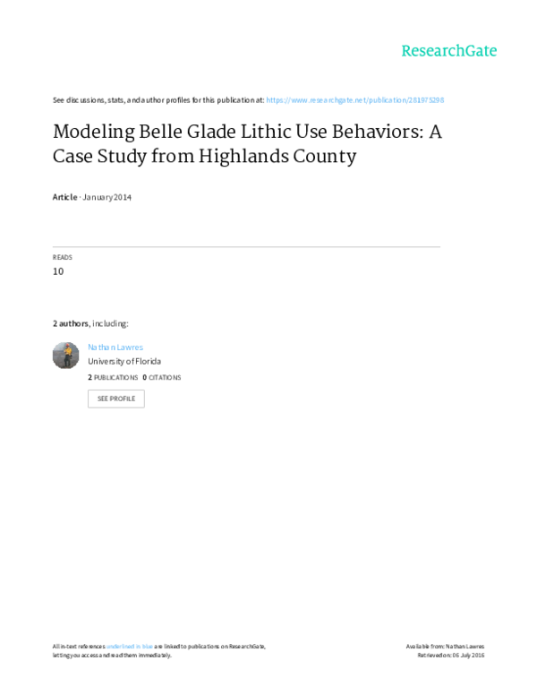 Modeling Belle Glade Lithic Use Behaviors A Case Study from Highlands