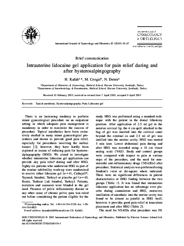 (PDF) Intrauterine lidocaine gel application for pain relief during and