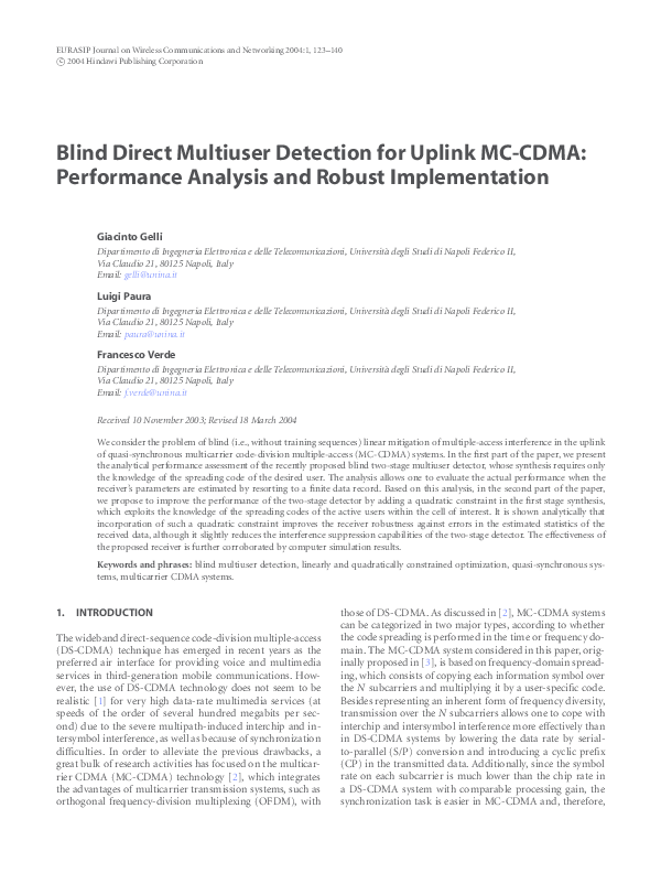 (PDF) Blind Direct Multiuser Detection for Uplink MC-CDMA: Performance ...