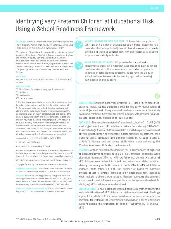 (PDF) Identifying very preterm children at educational risk using a ...