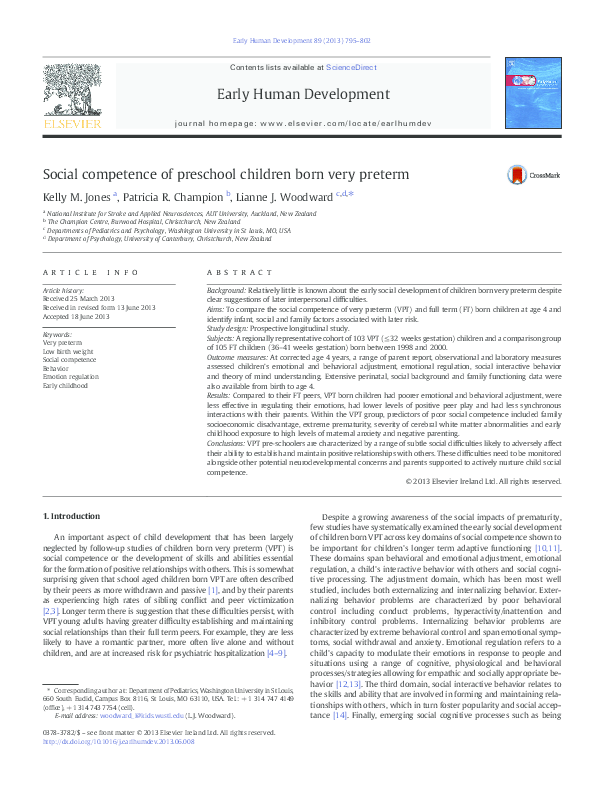 (PDF) Social competence of preschool children born very preterm