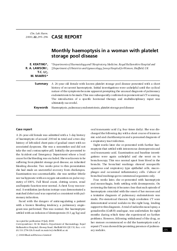 (PDF) Monthly haemoptysis in a woman with platelet storage pool disease