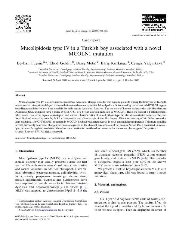 (PDF) Mucolipidosis type IV in a Turkish boy associated with a novel ...