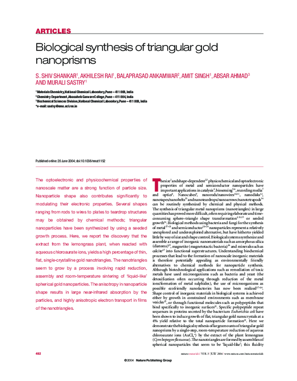 (PDF) Biological synthesis of triangular gold nanoprisms