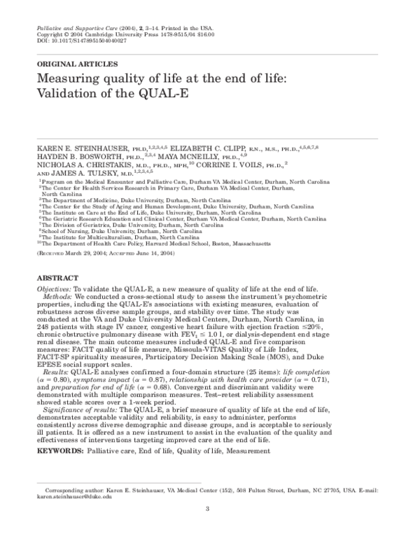 (PDF) Measuring quality of life at the end of life Validation of the