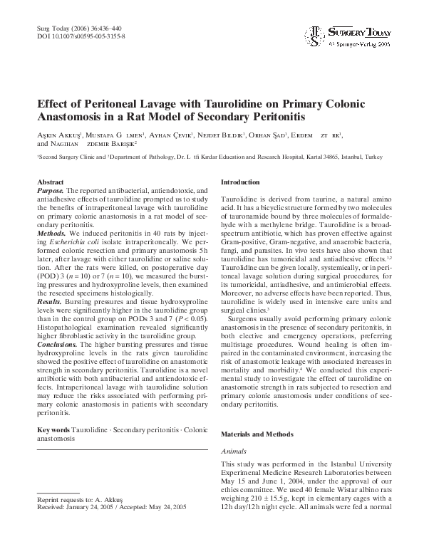 (PDF) Effect of Peritoneal Lavage with Taurolidine on Primary Colonic ...