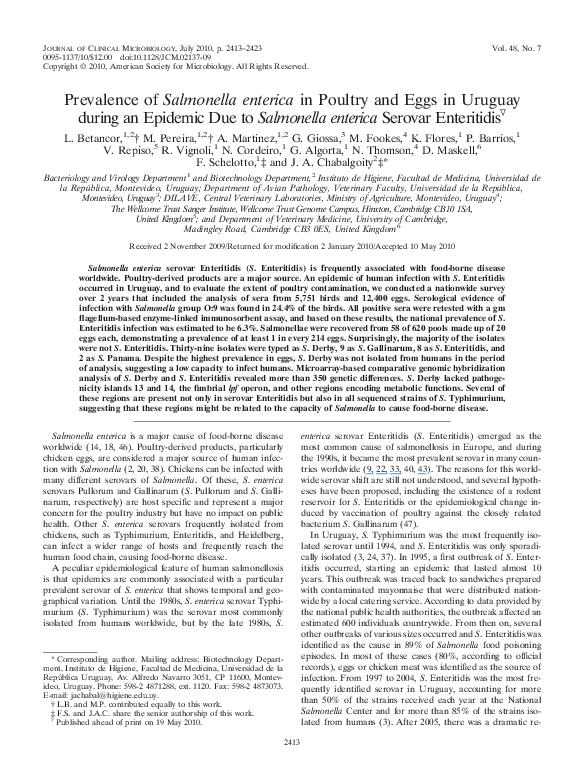 (PDF) Prevalence of Salmonella enterica in Poultry and Eggs in Uruguay ...