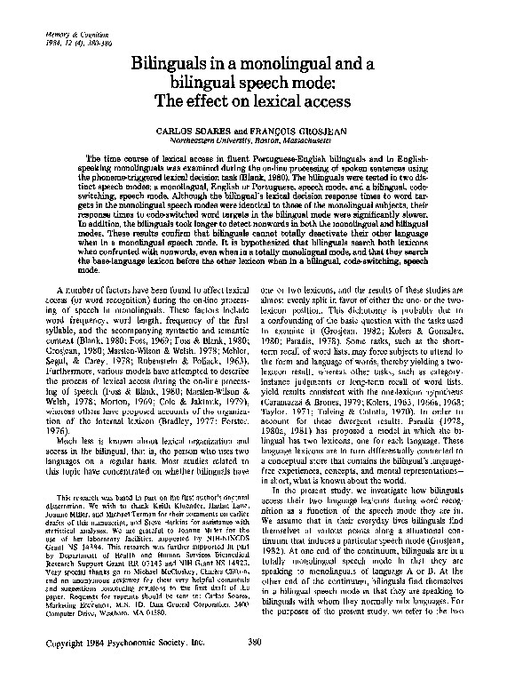 (PDF) Bilinguals in a monolingual and a bilingual speech mode: The ...