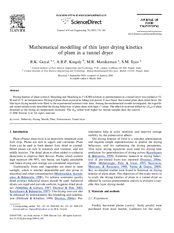 (PDF) Mathematical modelling of thin layer drying kinetics of plum in a ...