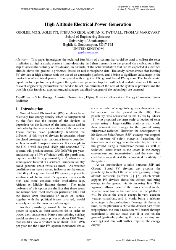 (PDF) High Altitude Electrical Power Generation Guglielmo Aglietti
