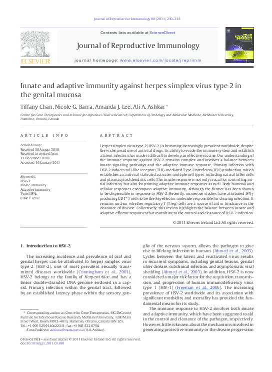 (PDF) Innate and adaptive immunity against herpes simplex virus type 2 ...