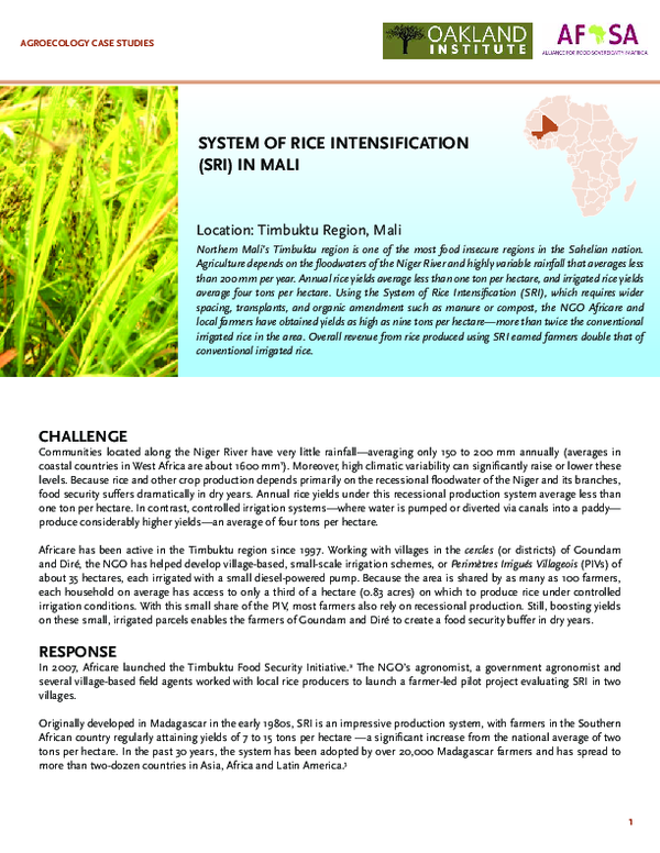 (PDF) System of Rice Intensification (SRI) in Mali