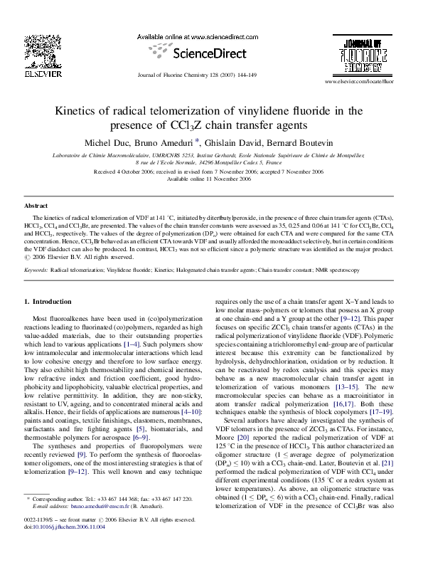 (PDF) Kinetics of radical telomerization of vinylidene fluoride in the ...