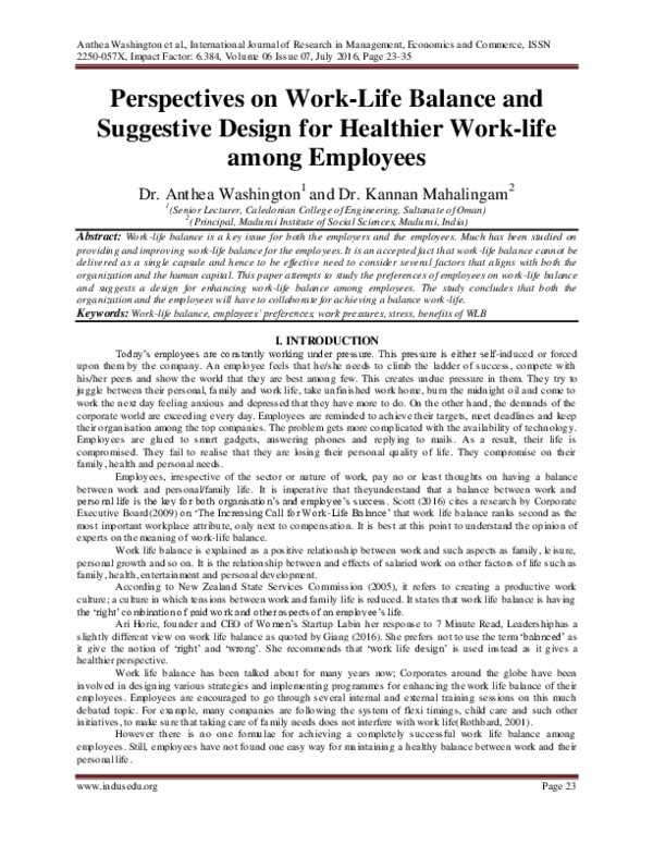 (PDF) Perspectives on Work-Life Balance and Suggestive Design for ...
