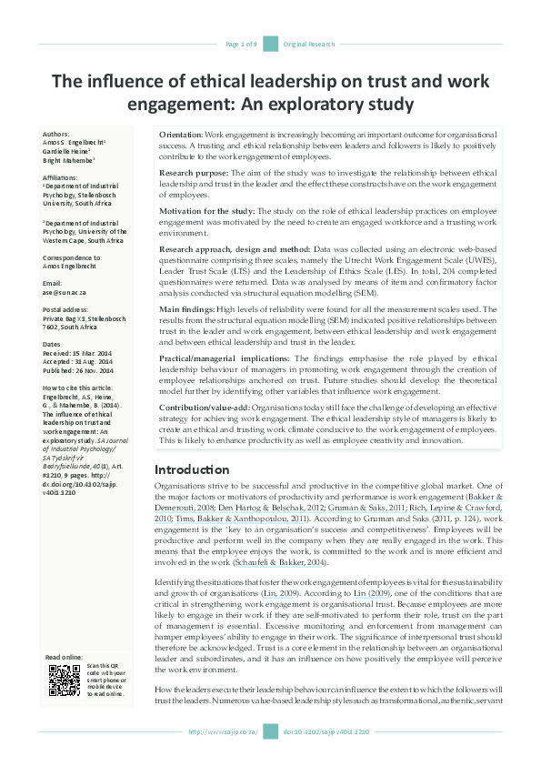 (PDF) The influence of ethical leadership on trust and work engagement ...