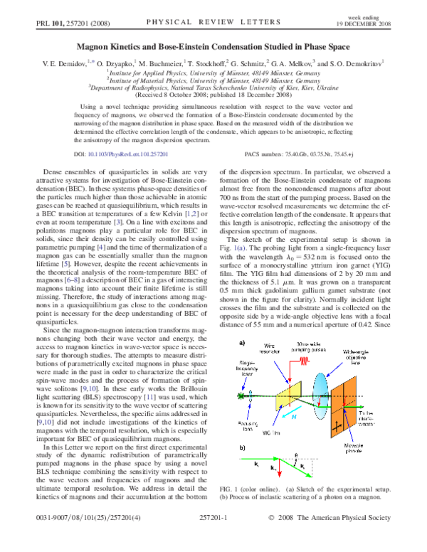 (PDF) Magnon Kinetics and Bose-Einstein Condensation Studied in Phase Space