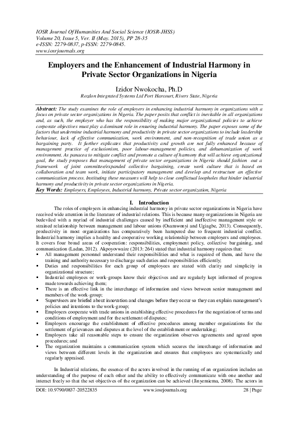 (PDF) Employers and the Enhancement of Industrial Harmony in Private