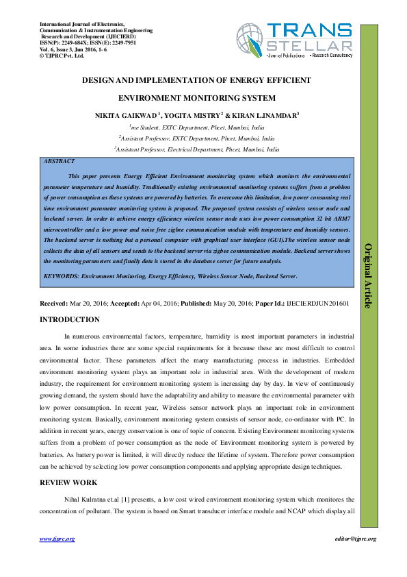 DESIGN AND IMPLEMENTATION OF ENERGY EFFICIENT ENVIRONMENT MONITORING SYSTEM