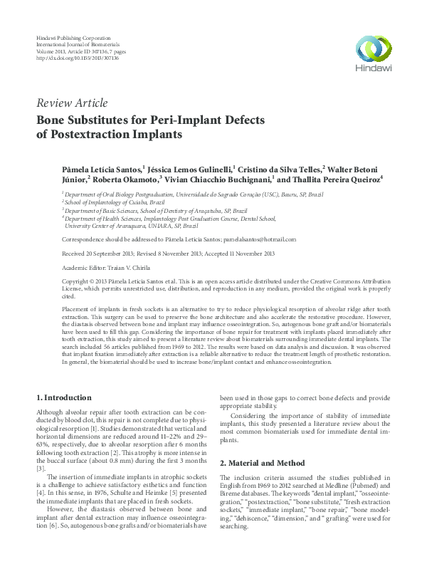 (PDF) Bone Substitutes for Peri-Implant Defects of Postextraction Implants