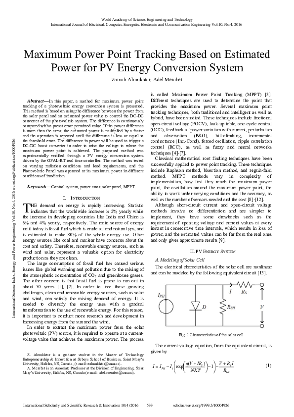 (PDF) Maximum Power Point Tracking Based on Estimated Power for PV ...