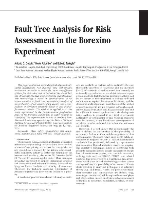 (PDF) Fault tree analysis for risk assessment in the Borexino experiment