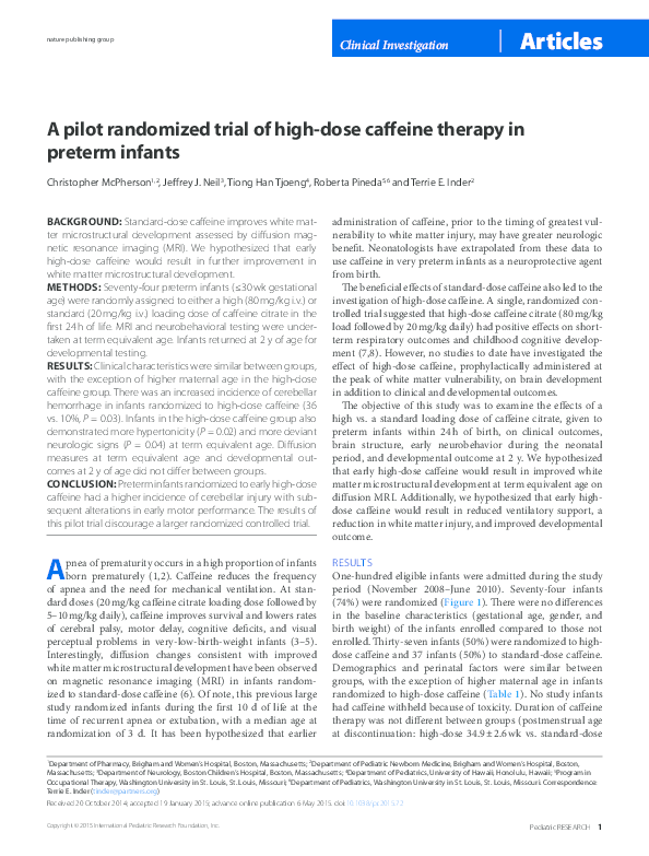 (PDF) A pilot randomized trial of high-dose caffeine therapy in preterm ...