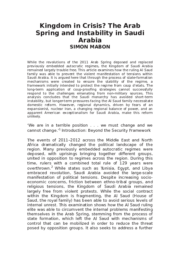 (DOC) Kingdom in Crisis? The Arab Spring and Instability in Saudi Arabia
